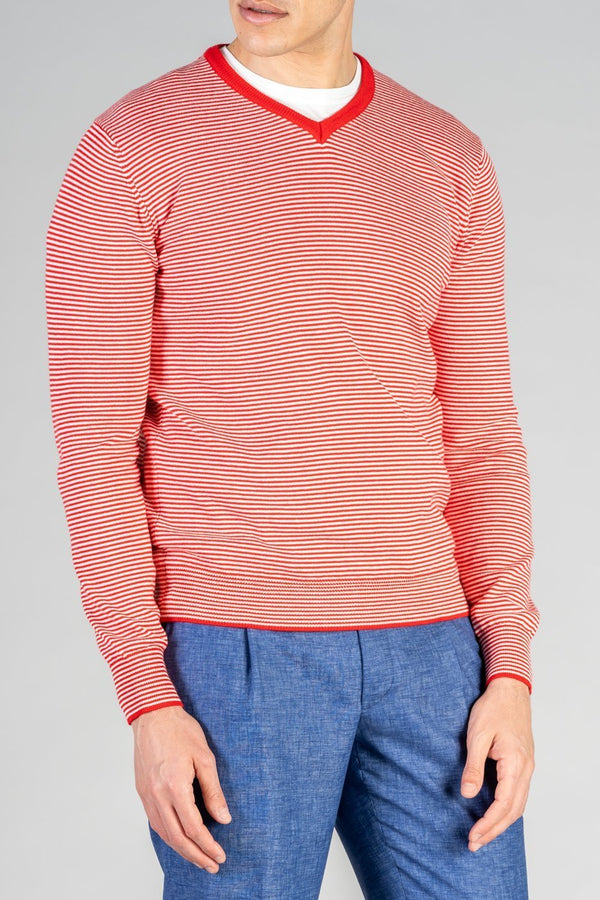 Maglia con scollo a V e micro righe in cotone - Fusaro Antonio dal 1893 - Fusaro Antonio