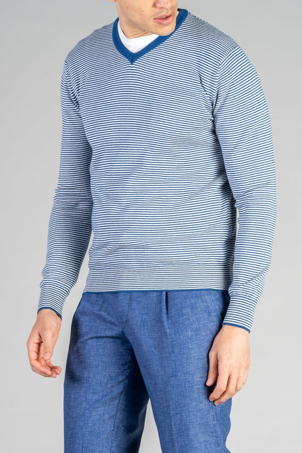 Maglia con scollo a V e micro righe in cotone - Fusaro Antonio dal 1893 - Fusaro Antonio