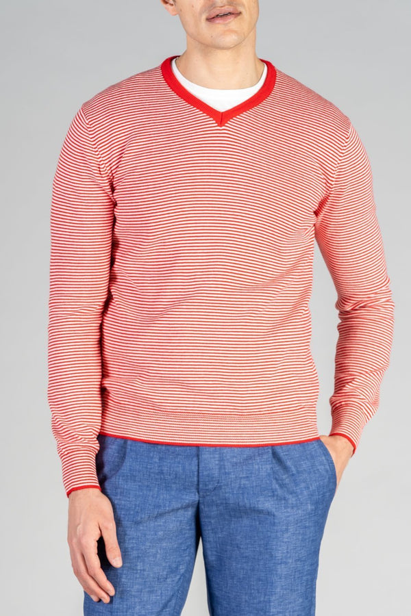 Maglia con scollo a V e micro righe in cotone - Fusaro Antonio dal 1893 - Fusaro Antonio
